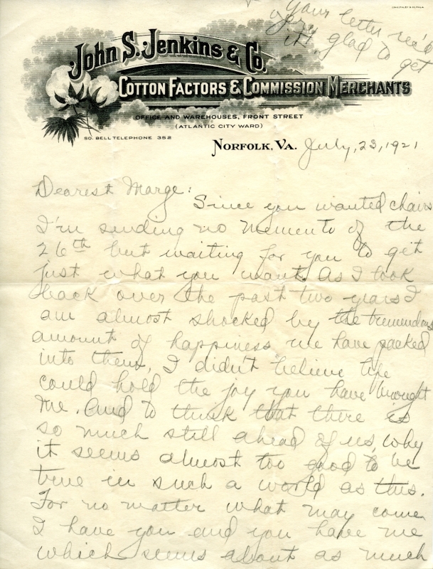 Correspondence, John S. Jenkins, Jr. to "Dearest Marge", 1921 July 23
