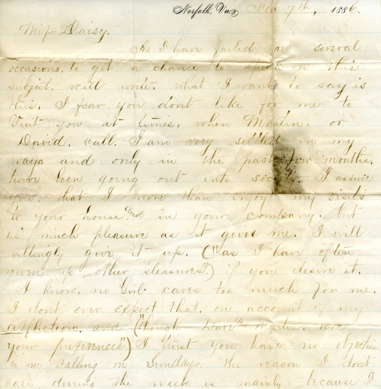Correspondence, Jesse V. Bassett to Daisy Cross, 1886 February 7