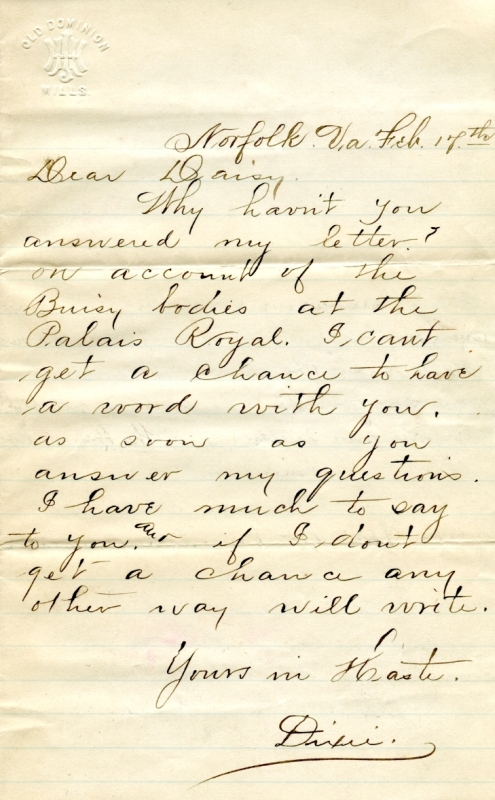 Correspondence, Jesse V. Bassett to Daisy Cross, 1886 February 17