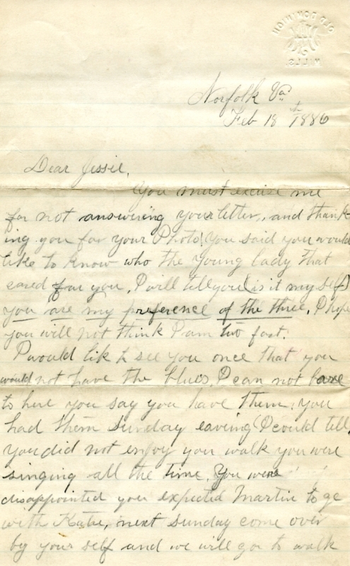 Correspondence, Daisy Cross to Jesse V. Bassett, 1886 February 18